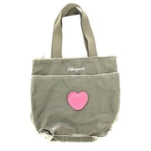 Life is Good Olive Green Tote Bag Frayed Edge Heart Patch Boho Indie Utility